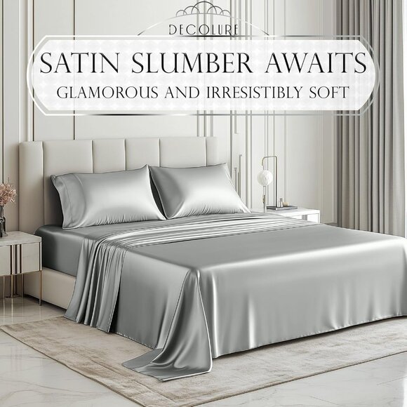 18- Satin 4 Piece Luxury Silky Queen Size Bedding Set 15" Deep - Picture 2 of 8